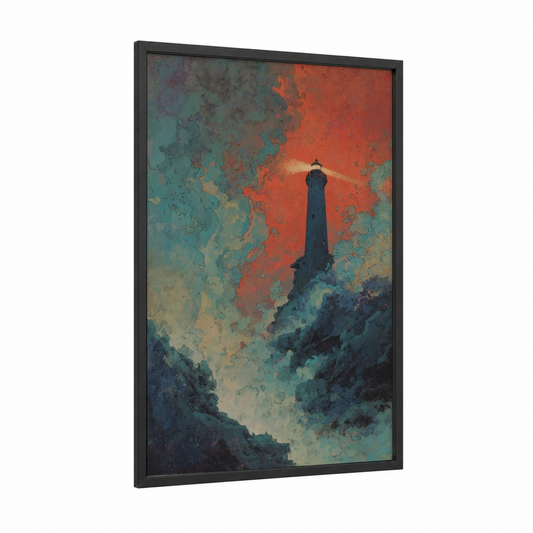 Crimson Lighthouse framed sci-fi print — black wood frame — red and teal palette