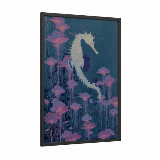 Ethereal Seahorse framed sea horse print — black wood frame — teal and salmon pink palette
