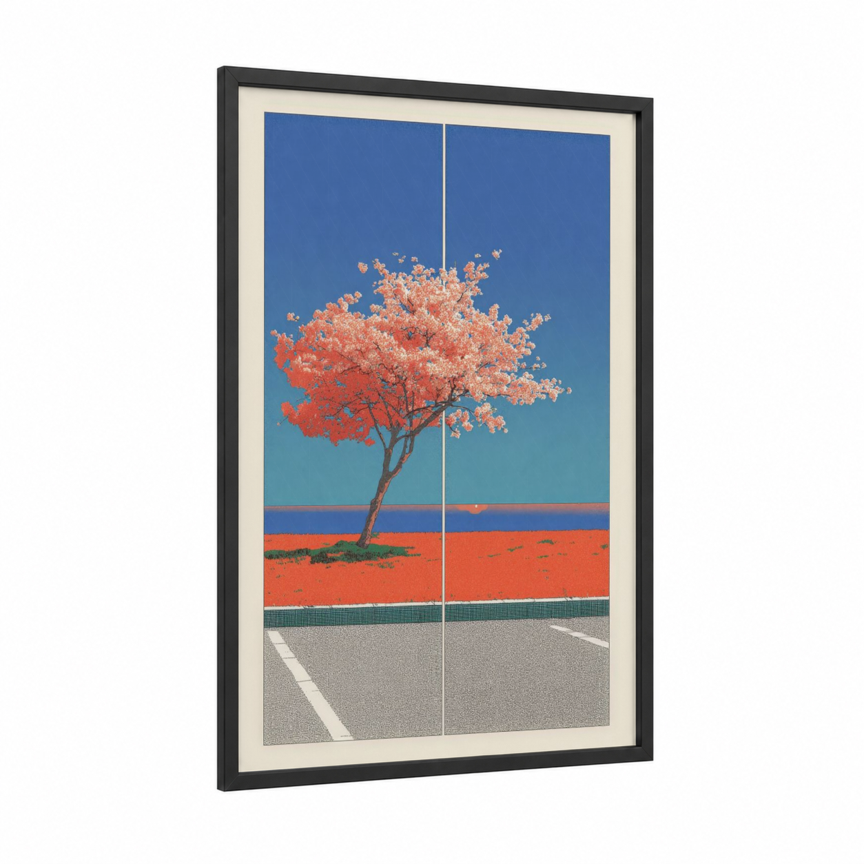 Solitary Sakura framed japanese y2k print — black wood frame — blue and red palette