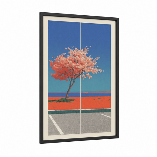 Solitary Sakura framed japanese y2k print — black wood frame — blue and red palette