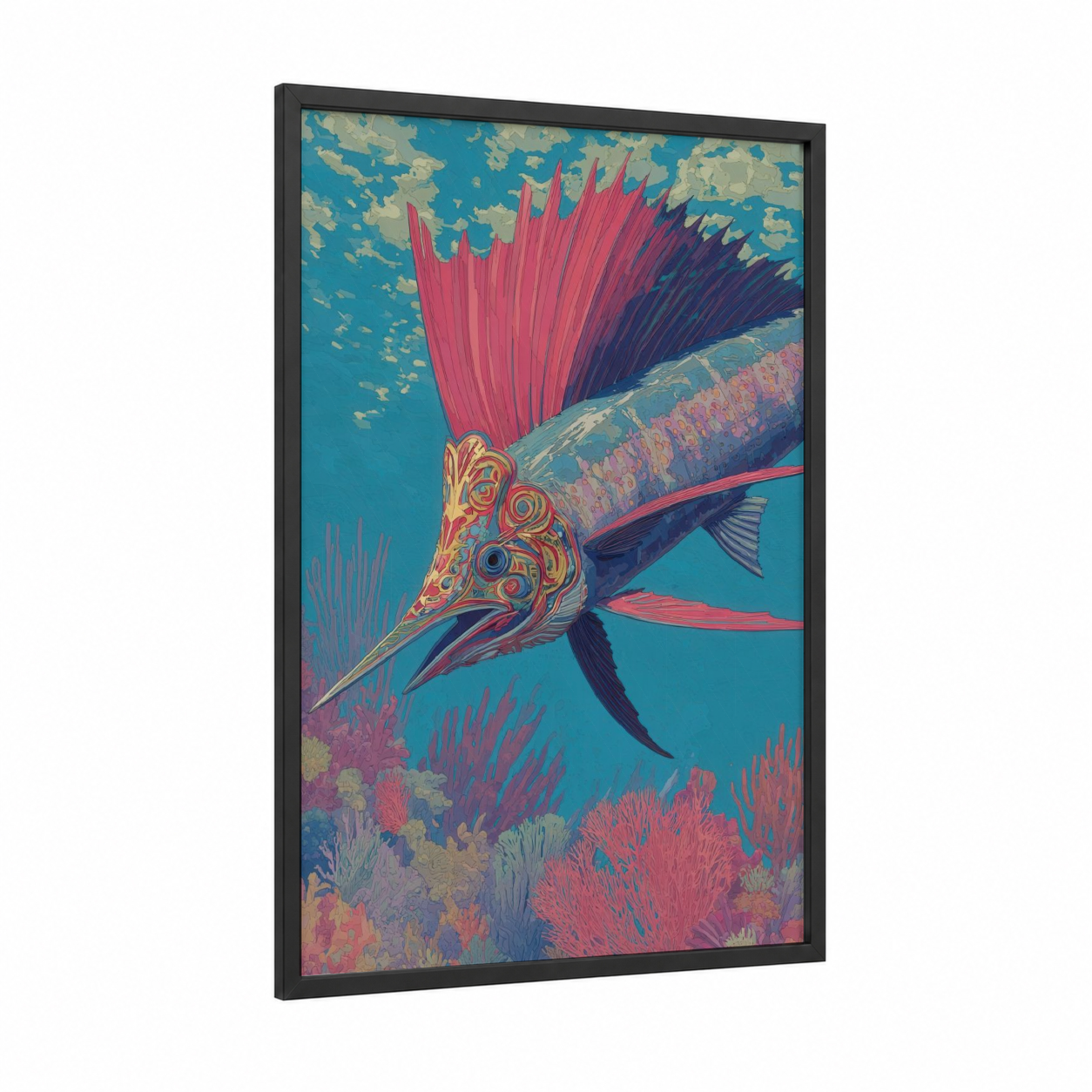Coral Sailfish framed art print — black wood frame — blue and pink palette