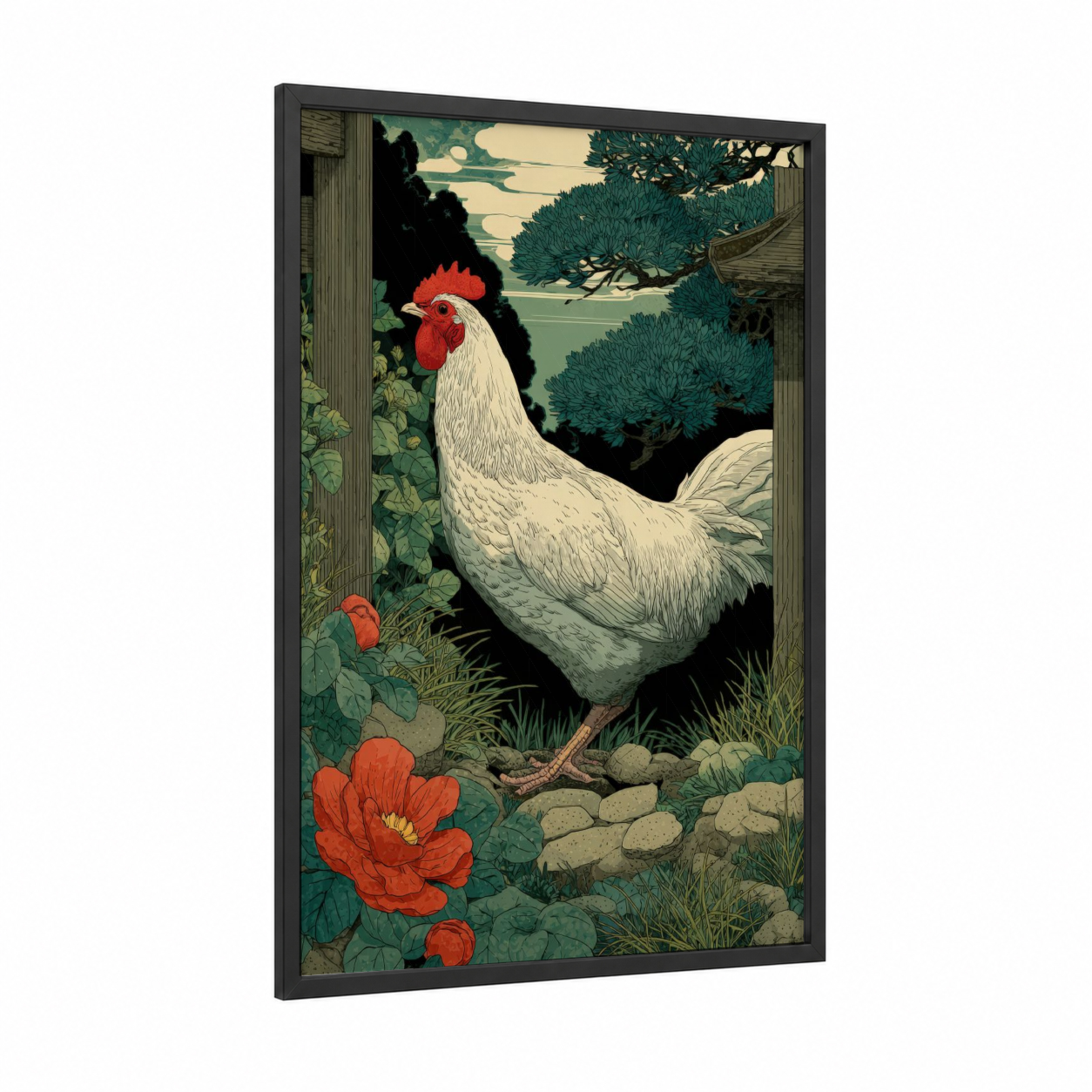 Farmyard Rooster framed chicken and roosters print — black wood frame — dark green and cream palette