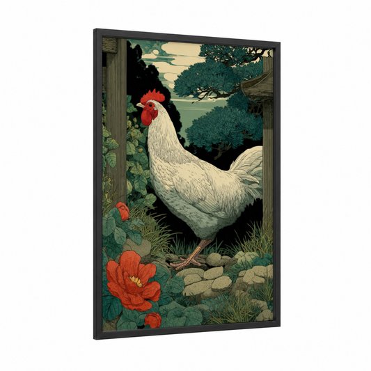 Farmyard Rooster framed chicken and roosters print — black wood frame — dark green and cream palette