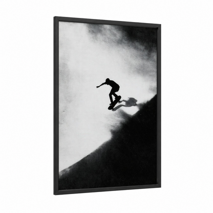Skate Adventure framed art for boy print — black wood frame — black and white palette