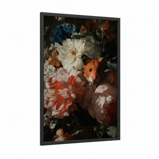 Floral Hamster framed art print — black wood frame — cream and maroon palette