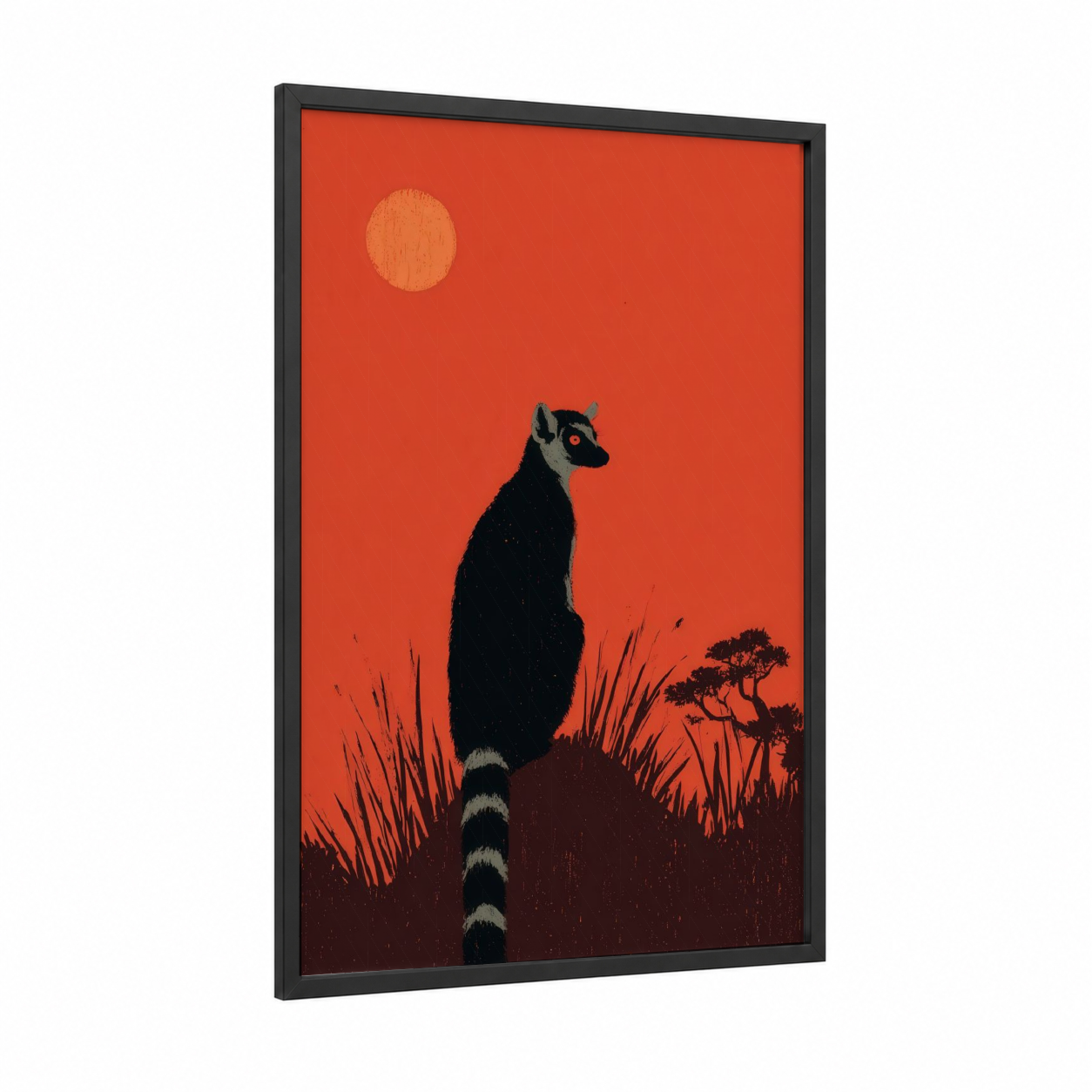 Sunset Lemur framed art print — black wood frame — orange and black palette