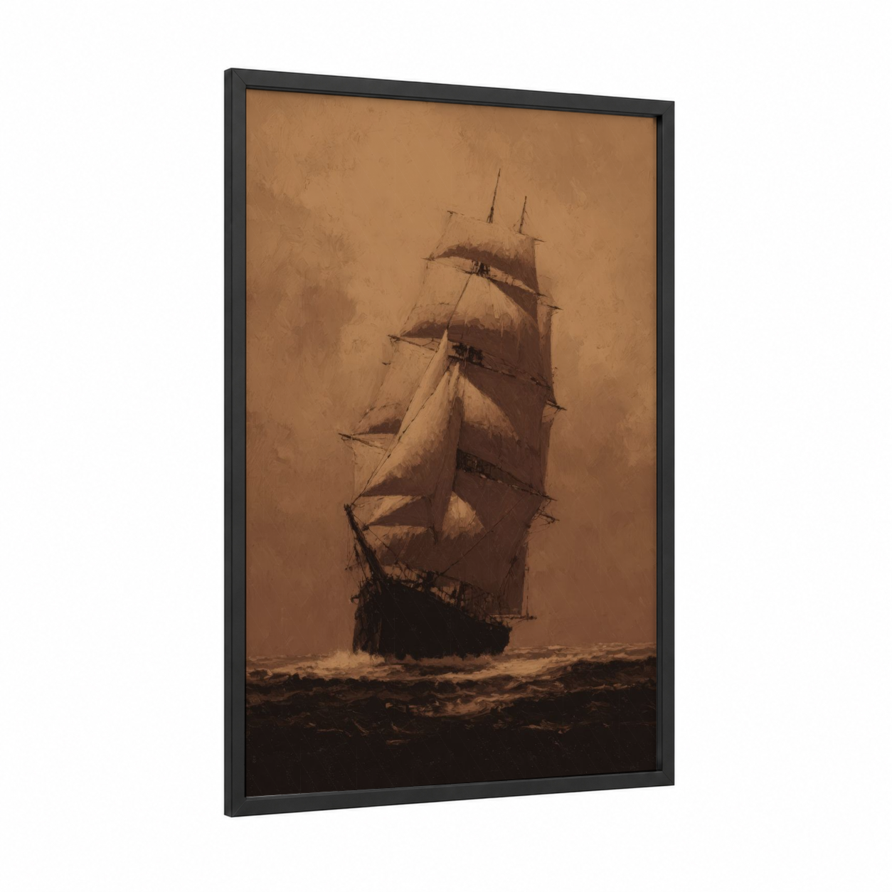 Misty Sailing Ship framed old ships print — black wood frame — gold and brown palette