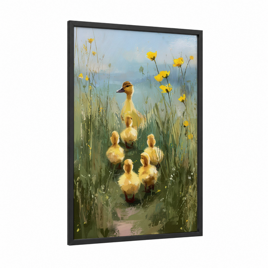 Meadow Ducklings framed ducks print — black wood frame — yellow gold and light green palette