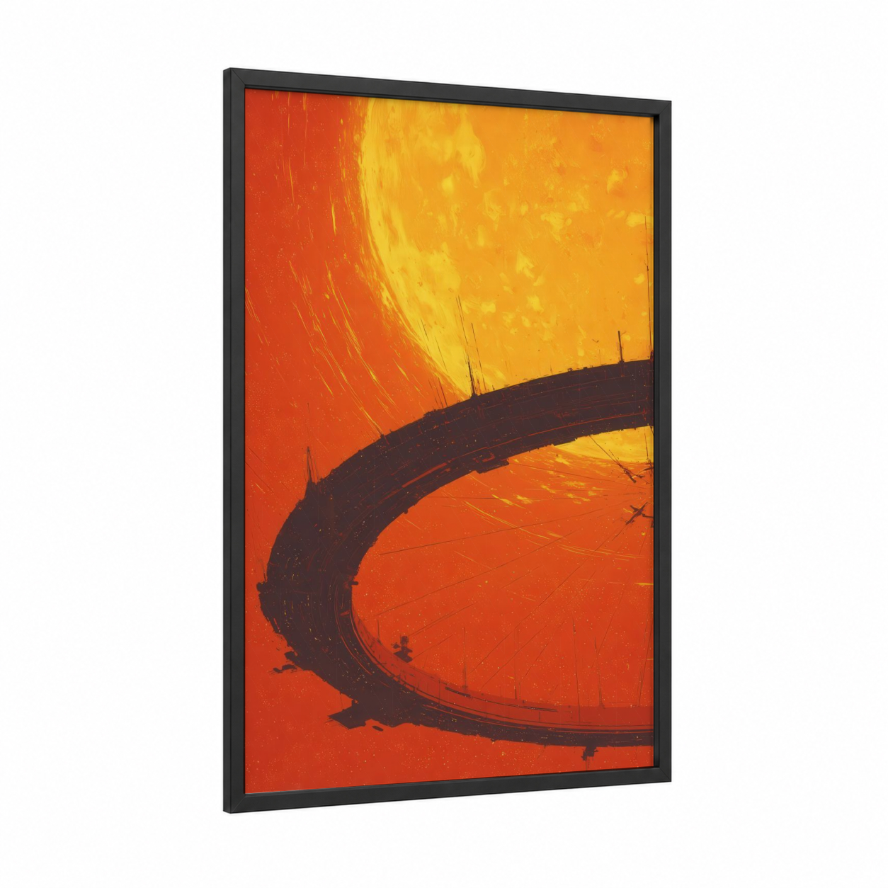 Orbital Sunrise framed satellite print — black wood frame — red and yellow gold palette