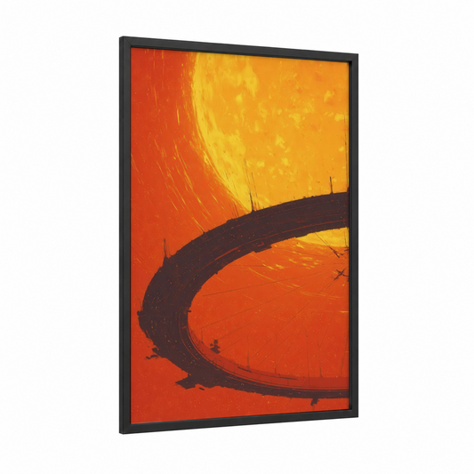 Orbital Sunrise framed satellite print — black wood frame — red and yellow gold palette