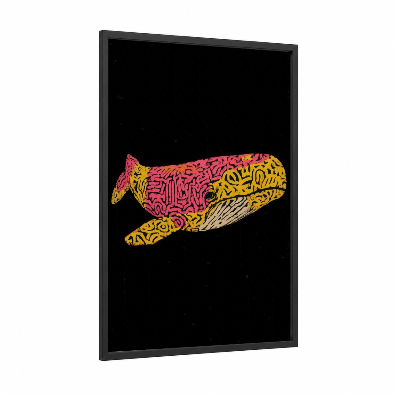 Neon Sperm Whale framed art print — black wood frame — magenta and yellow gold palette