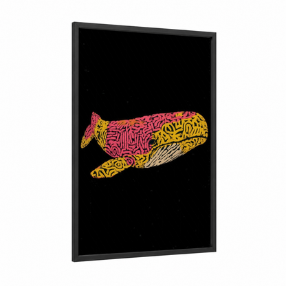 Neon Sperm Whale framed art print — black wood frame — magenta and yellow gold palette