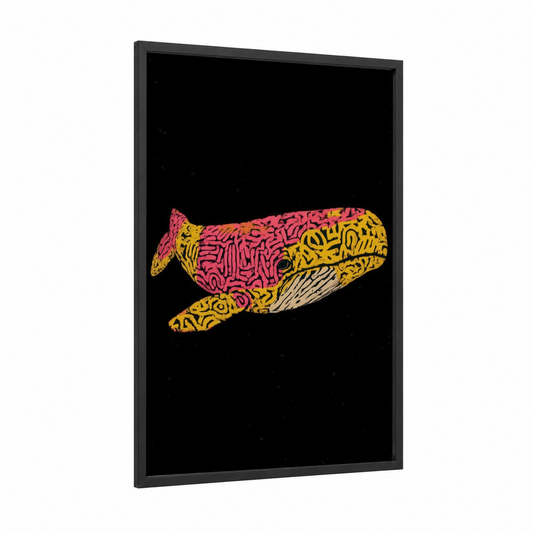 Neon Sperm Whale framed art print — black wood frame — magenta and yellow gold palette