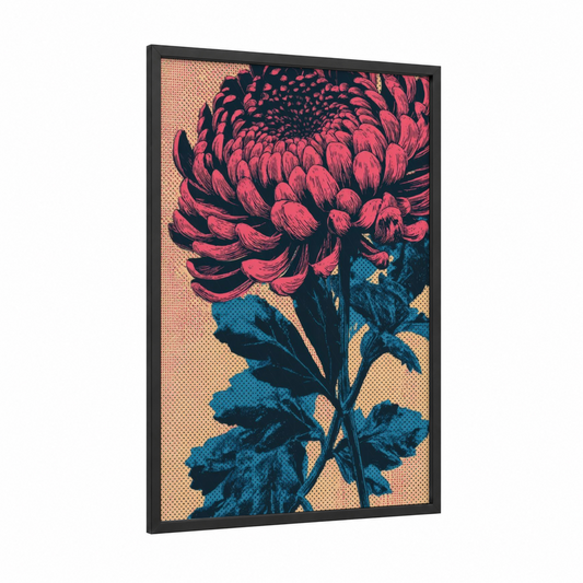 Coral Chrysanthemum framed art print — black wood frame — salmon pink and teal palette