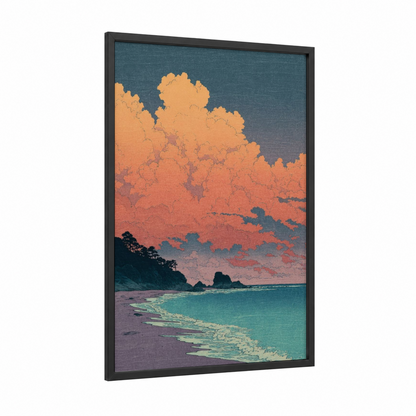 Tropical Sunset Shore framed beach sunrise and sunsets print — black wood frame — peach and teal palette
