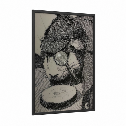 Detective Guinea Pig framed art print — black wood frame — black and white palette