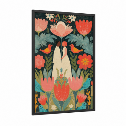 Garden Wedding Couple framed groom and bride print — black wood frame — red and teal palette