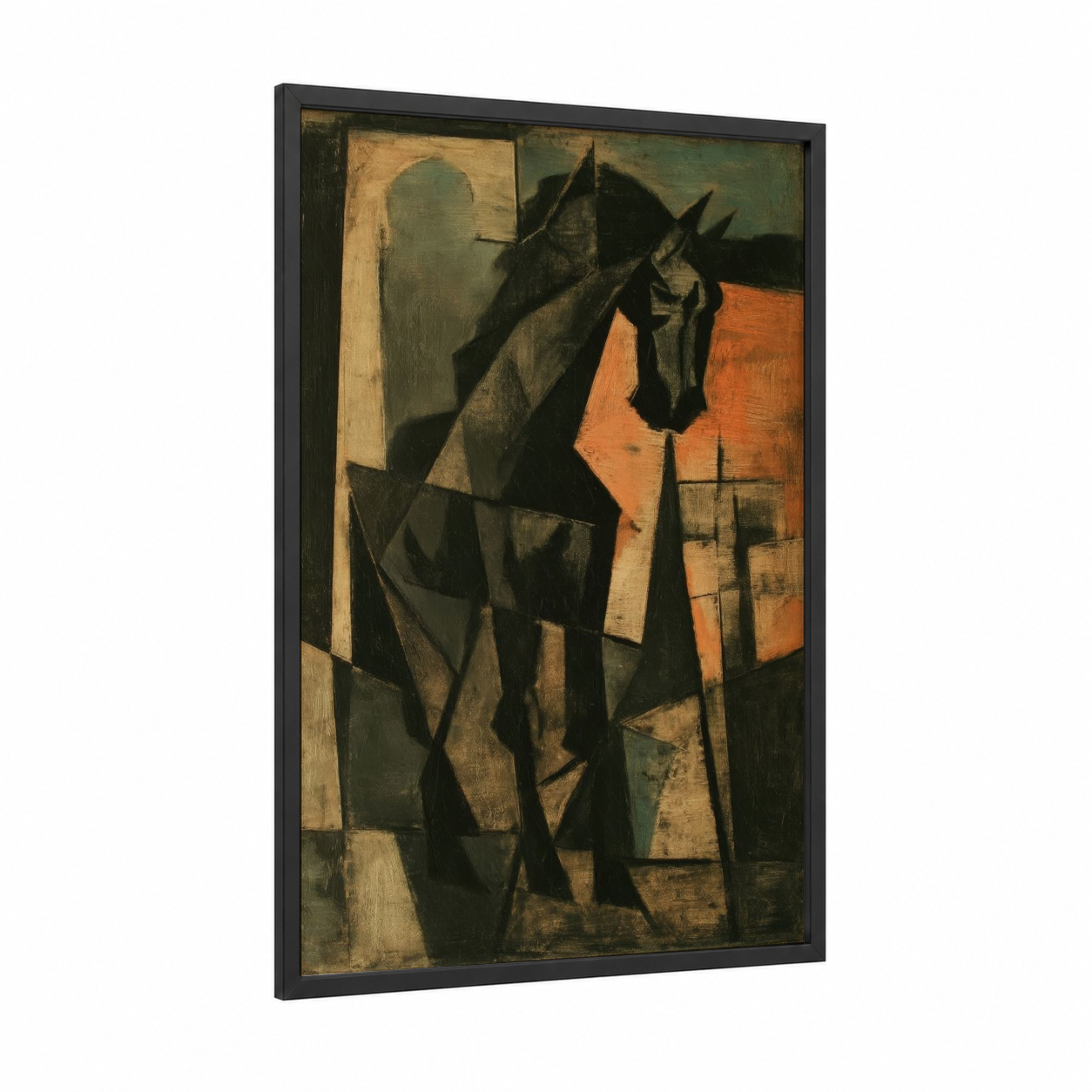 Cubist Friesian framed friesian horse print — black wood frame — black and olive palette