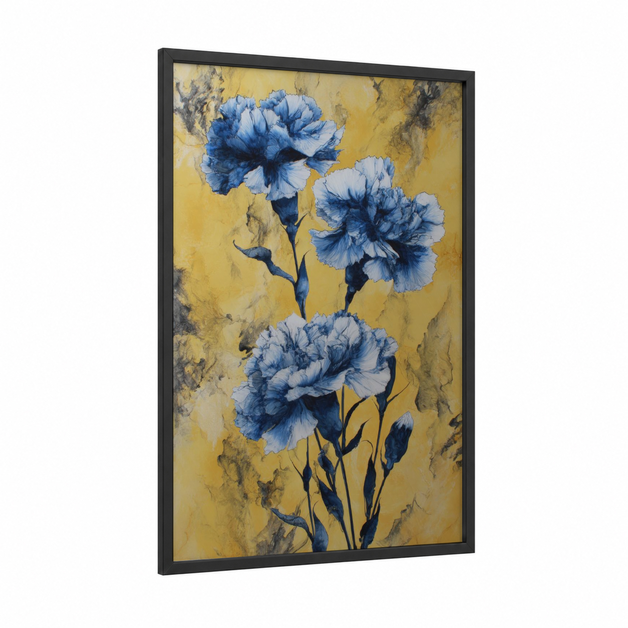 Blue Carnation Elegance framed carnations print — black wood frame — blue and yellow gold palette