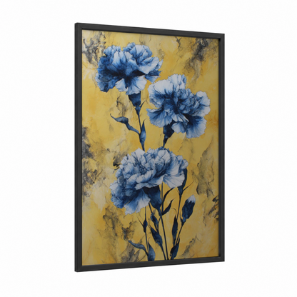 Blue Carnation Elegance framed carnations print — black wood frame — blue and yellow gold palette