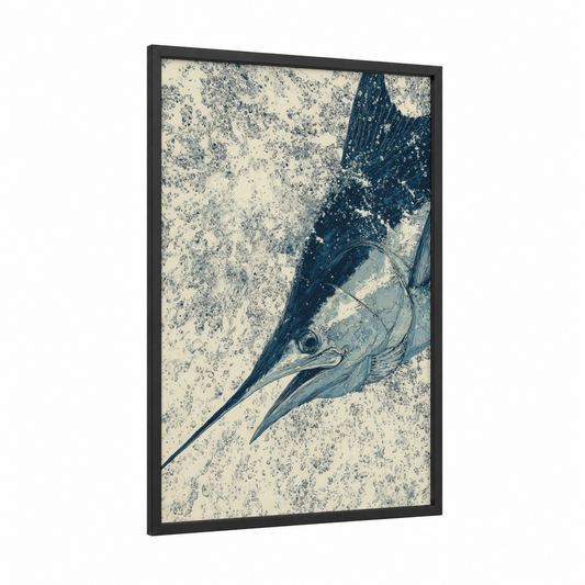 Marlin Sandy Shore framed blue marlin print — black wood frame — cream and dark blue palette