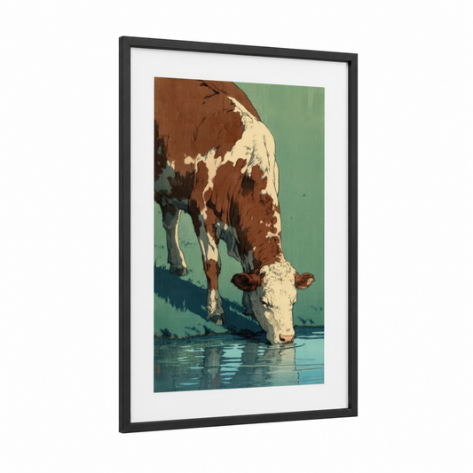 Watering Hereford framed hereford cow print — black wood frame — brown and sage green palette