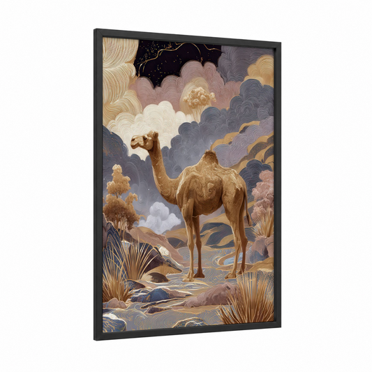 Golden Desert Camel framed art print — black wood frame — gold and gray palette