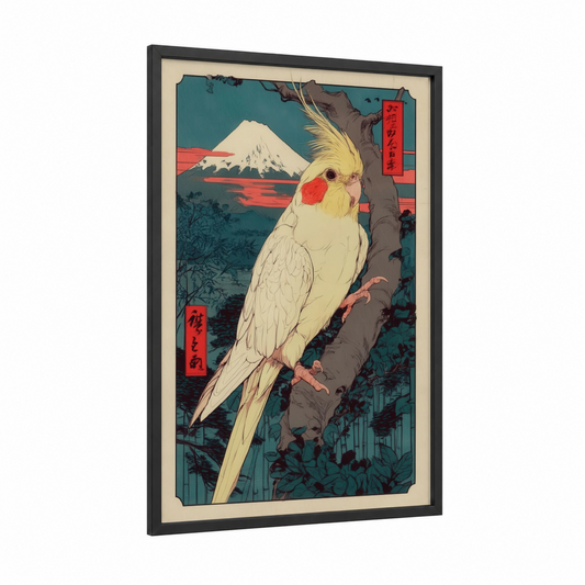 Sulphur Cockatiel framed art print — black wood frame — teal and gold palette