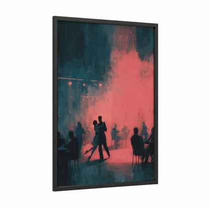 Crimson Ballroom framed ballroom dance print — black wood frame — dark blue and salmon pink palette