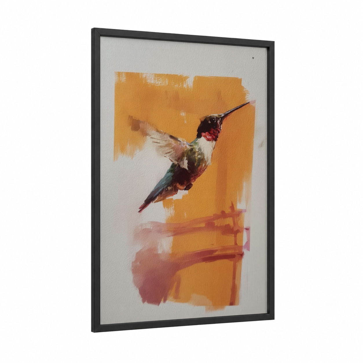 Golden Hummingbird framed art print — black wood frame — gold and maroon palette
