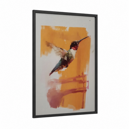 Golden Hummingbird framed art print — black wood frame — gold and maroon palette