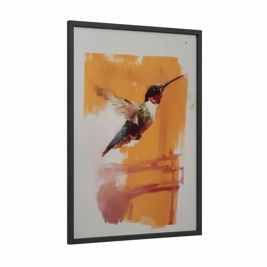 Golden Hummingbird framed art print — black wood frame — gold and maroon palette