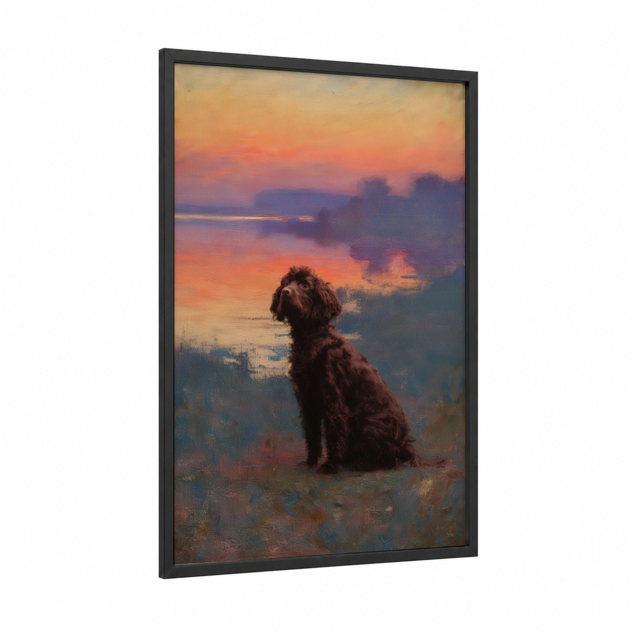 Contemplative Spaniel Sunset framed art print — black wood frame — peach and lavender palette