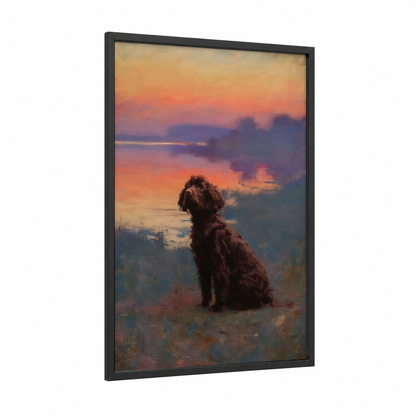 Contemplative Spaniel Sunset framed art print — black wood frame — peach and lavender palette