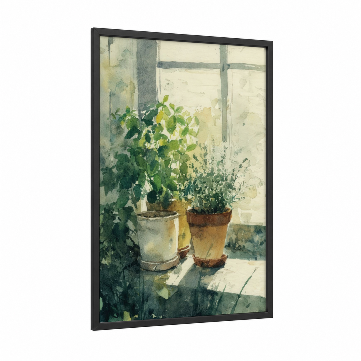 Windowsill Herbs framed art print — black wood frame — light green and cream palette