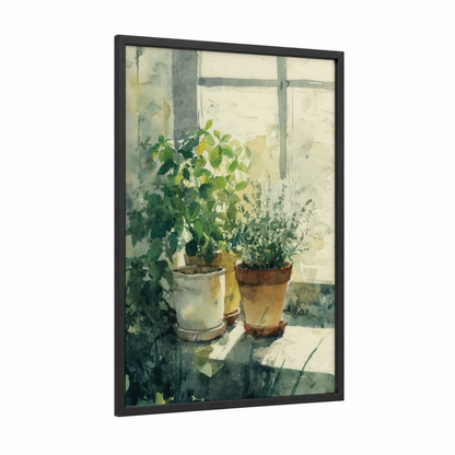 Windowsill Herbs framed art print — black wood frame — light green and cream palette