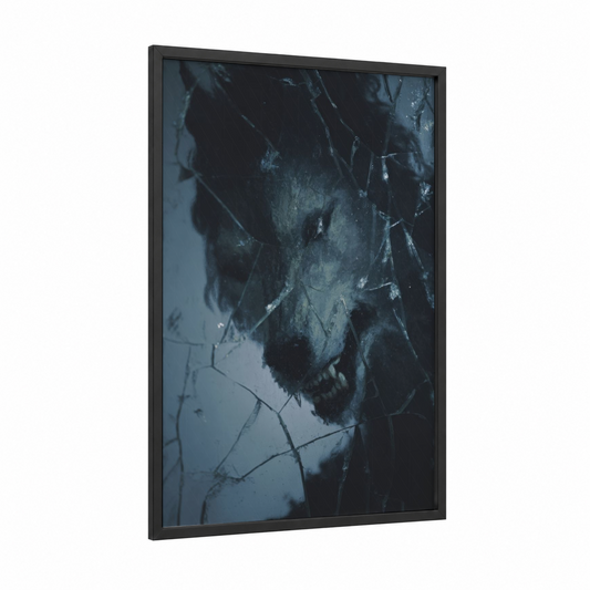 Frostbound Werewolf framed art print — black wood frame — black and blue and white palette