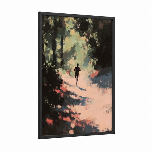 Trail Runner framed track and field print — black wood frame — sage green and peach palette