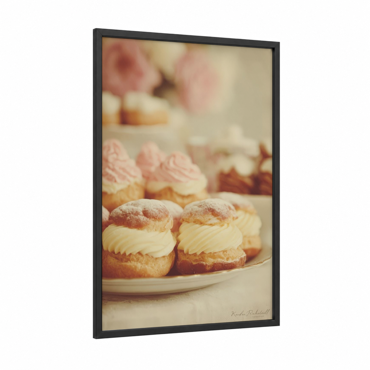 Vintage Pastry Dreams framed sweet print — black wood frame — cream and salmon pink palette