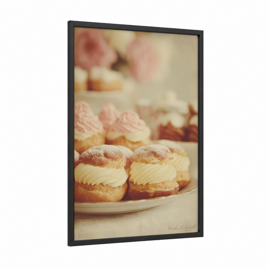 Vintage Pastry Dreams framed sweet print — black wood frame — cream and salmon pink palette