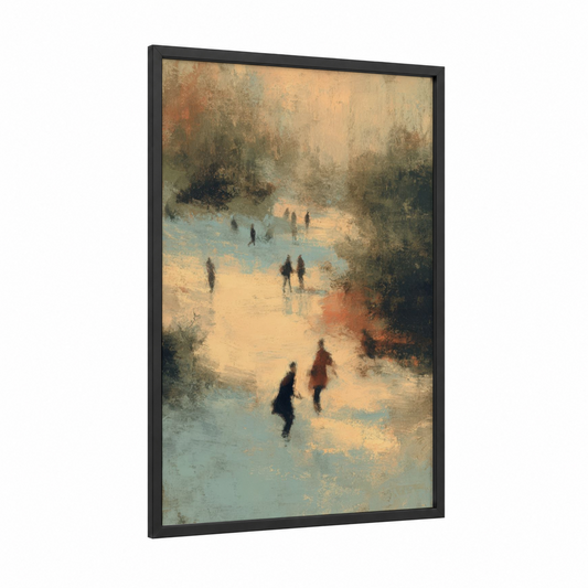 Snowy Gathering framed winter print — black wood frame — cream and blue and gray palette