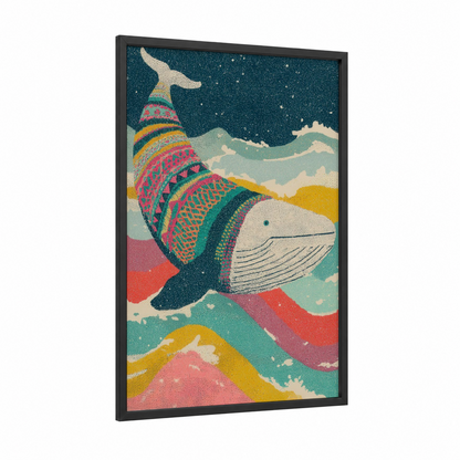Patterned Gray Whale framed art print — black wood frame — teal and pink palette