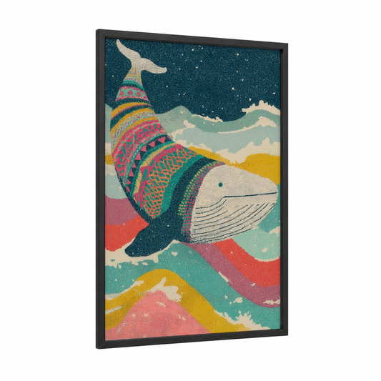 Patterned Gray Whale framed art print — black wood frame — teal and pink palette