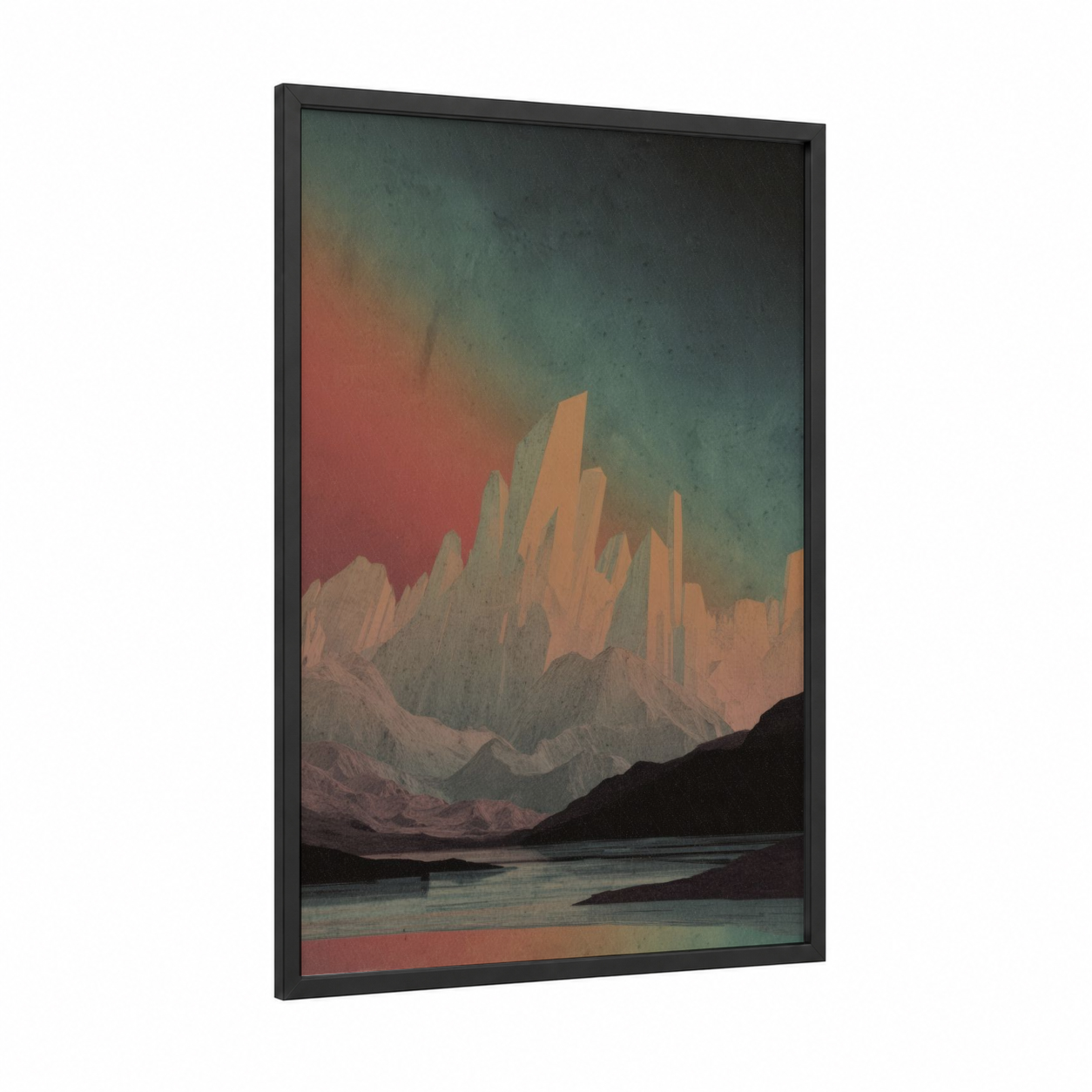 Crystalline Dreamscape framed art print — black wood frame — gold and teal palette