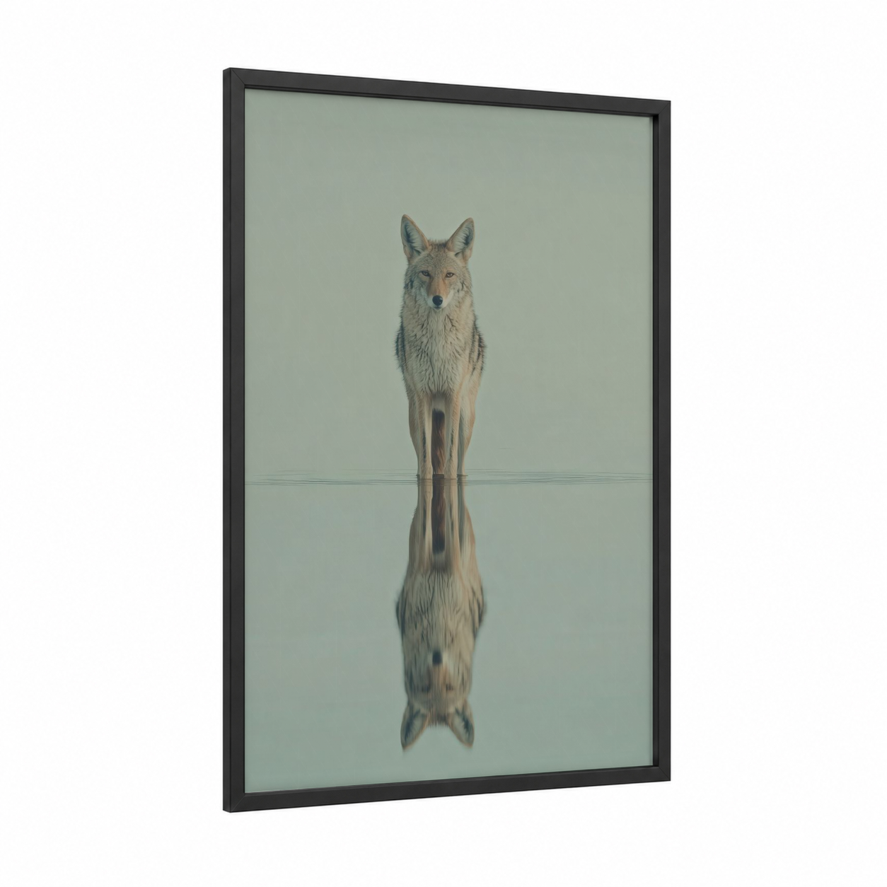 Mirror Coyote framed art print — black wood frame — sage green and gray palette