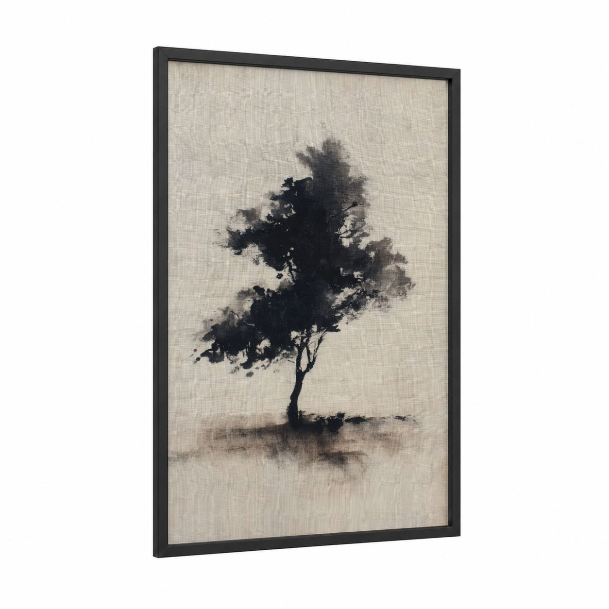Windswept Acacia framed savanna and desert trees print — black wood frame — black and white and dove gray palette