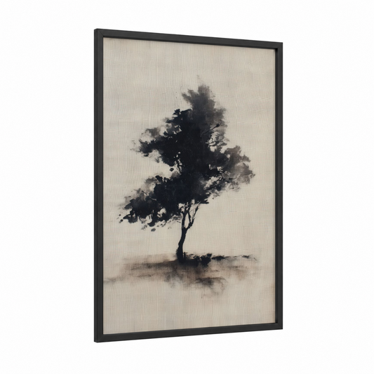 Windswept Acacia framed savanna and desert trees print — black wood frame — black and white and dove gray palette