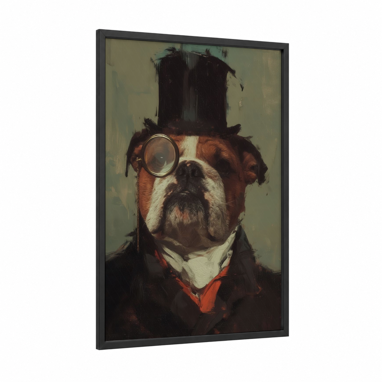 Steampunk Bulldog framed art print — black wood frame — brown and white palette