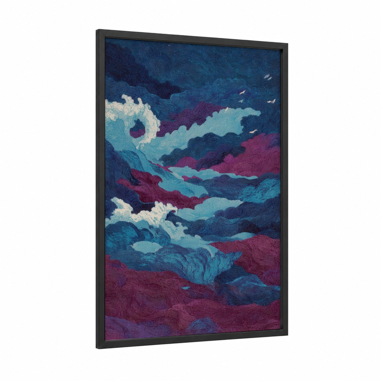 Twilight Seascape framed seascapes and ocean print — black wood frame — dark blue and magenta palette