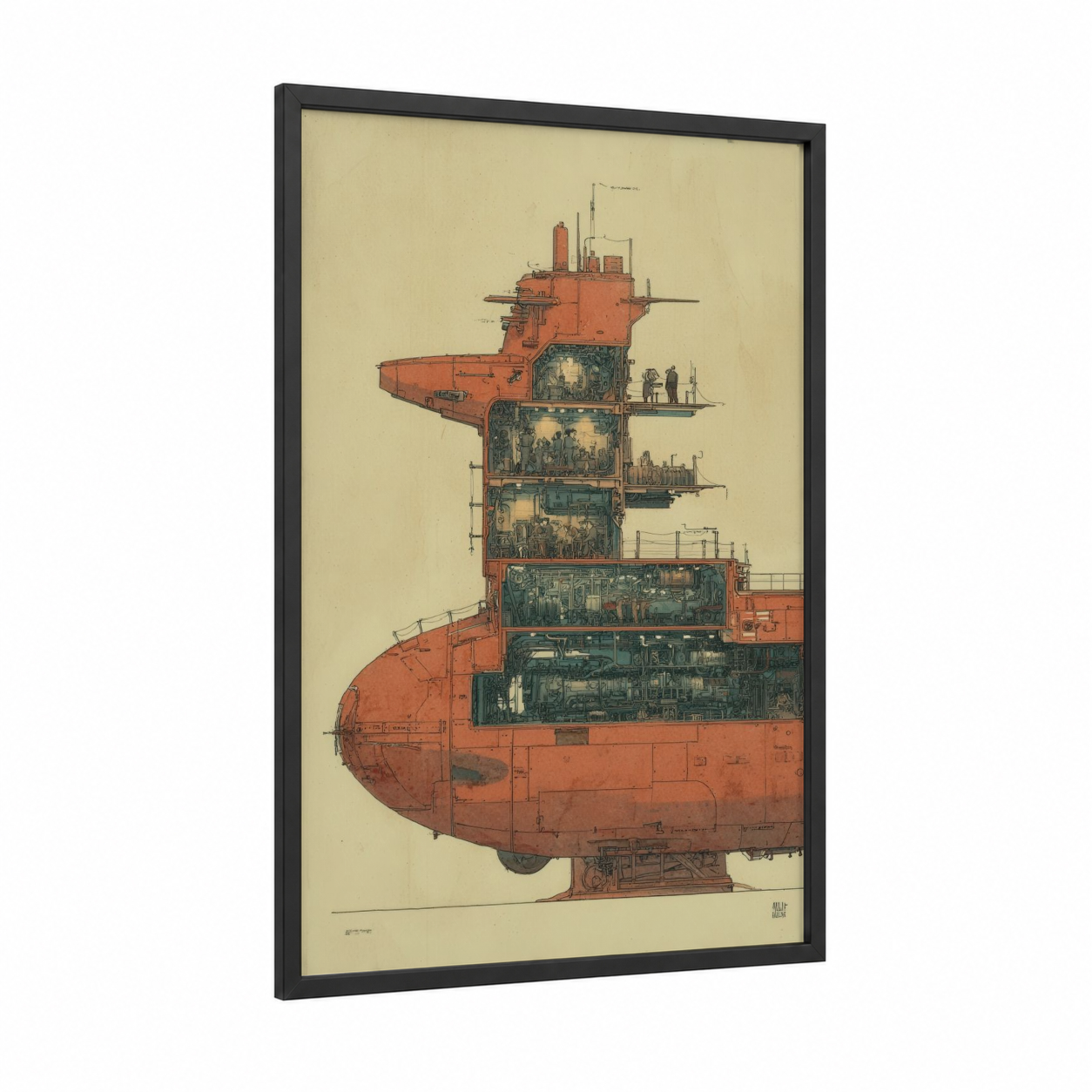 Steampunk Submarine framed art print — black wood frame — russet and cream palette